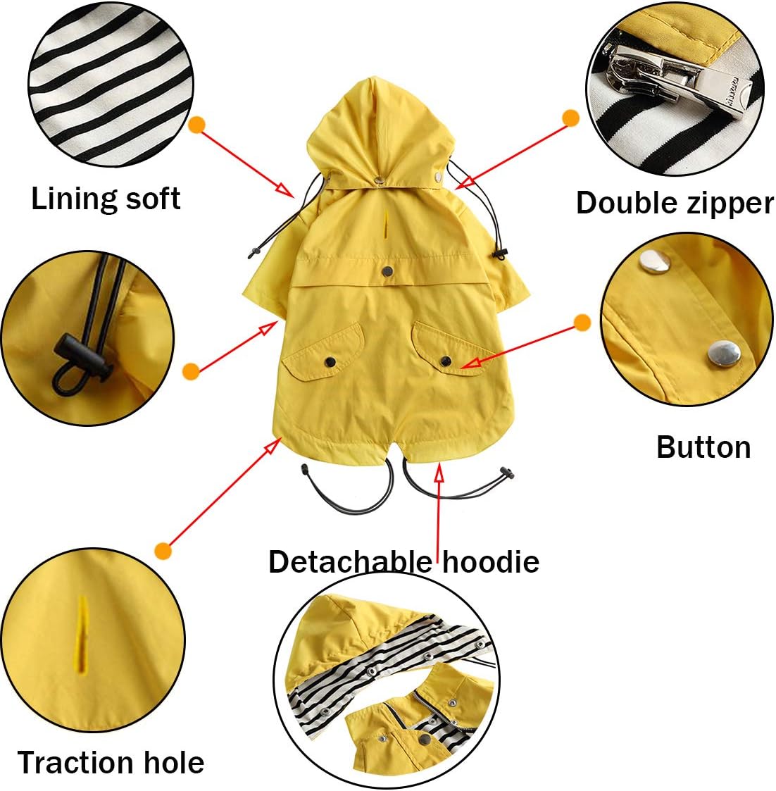 Morezi Dog Zip Up Raincoat with Reflective Buttons, Rain/Water Resistant, Adjustable Drawstring, Removable Hood - Image 4