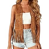 Women Western Tassels Vest Tops 70s Hippie Faux Suede Fringe Vests Jacket Cardigan Open Front Rodeo Cowgirl Shirt
