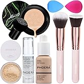PHOERA Foundation Full Coverage Makeup, Mushroom Head Air Cushion CC Cream Natural Foundation, PHOERA Primer, PHOERA Powder, Brushes Foundation Brush,2 Makeup Sponge(105 Sand+ 05 Sand CC)