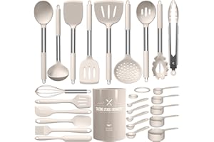 Large Silicone Kitchen Utensils Set, Umite Chef Heat Resistant Cooking Utensil with Stainless Steel Handle, Spatula, Spoon, Khaki Silicone Cooking Utensil for Nonstick Cookware, Dishwasher Safe