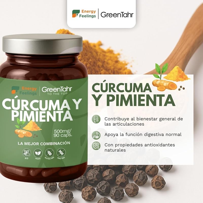 Cúrcuma y Pimienta Negra en Cápsulas de Cultivo Rica en Antioxidantes, Curcumina y Piperina Bio, Vegano, Orgánico, Sin Gluten, 90 Cápsulas, 1500mg — foto 2 de 4