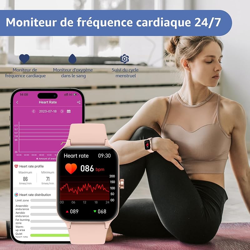 Montre Connectée Homme Femme avec Appel Bluetooth, 1,95" Écran Tactile Smartwatch Fitness Tracker avec Sommeil Cardiofréquencemètre, 140+ Modes Sportifs, IP68 Étanche pour Android iOS, Rose — photo 4 sur 6
