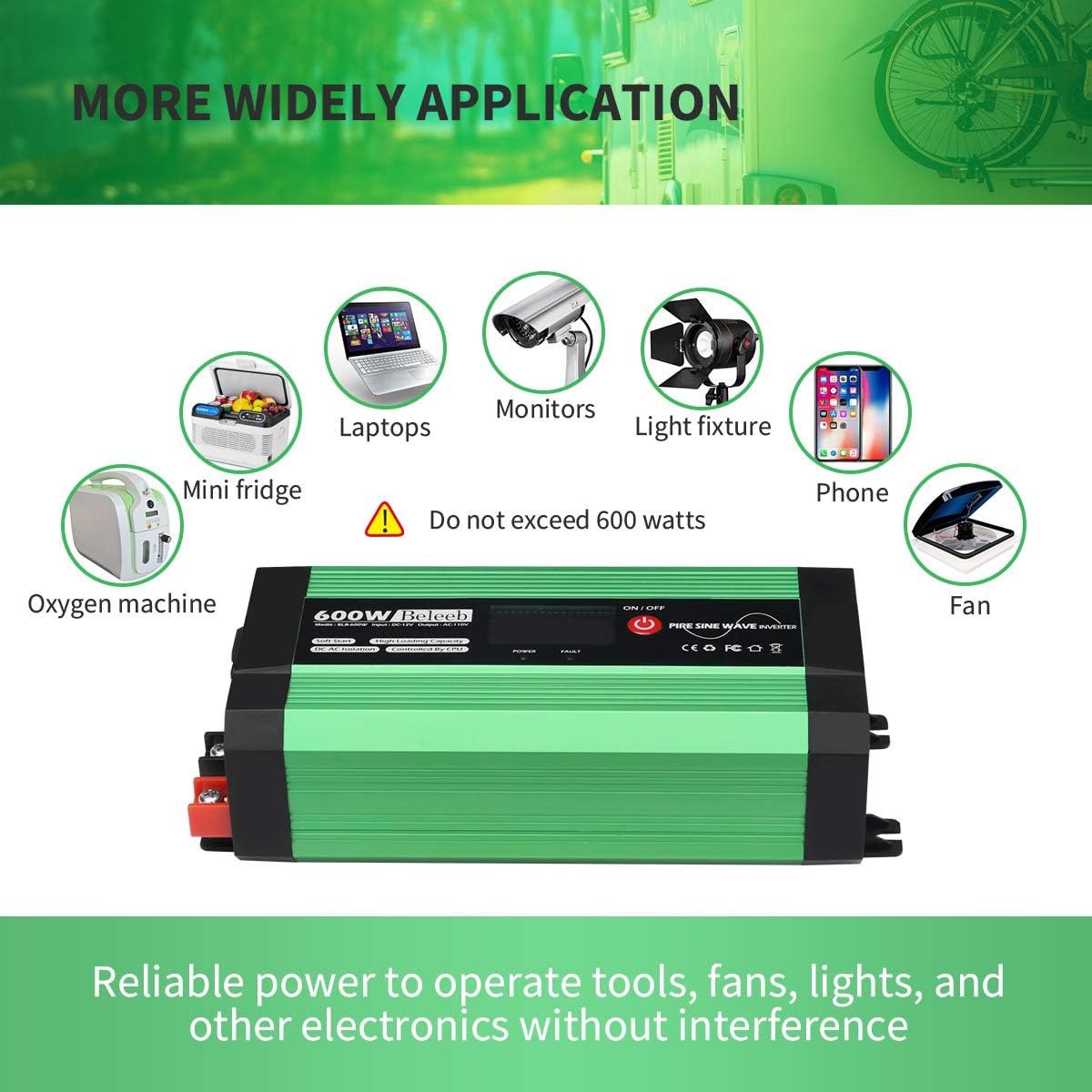 Beleeb 600W Pure Sine Wave Inverter, DC 12V to AC 110V Power Inverter with LCD Display, Dual USB Ports and 2 AC Outlets: Car Electronics