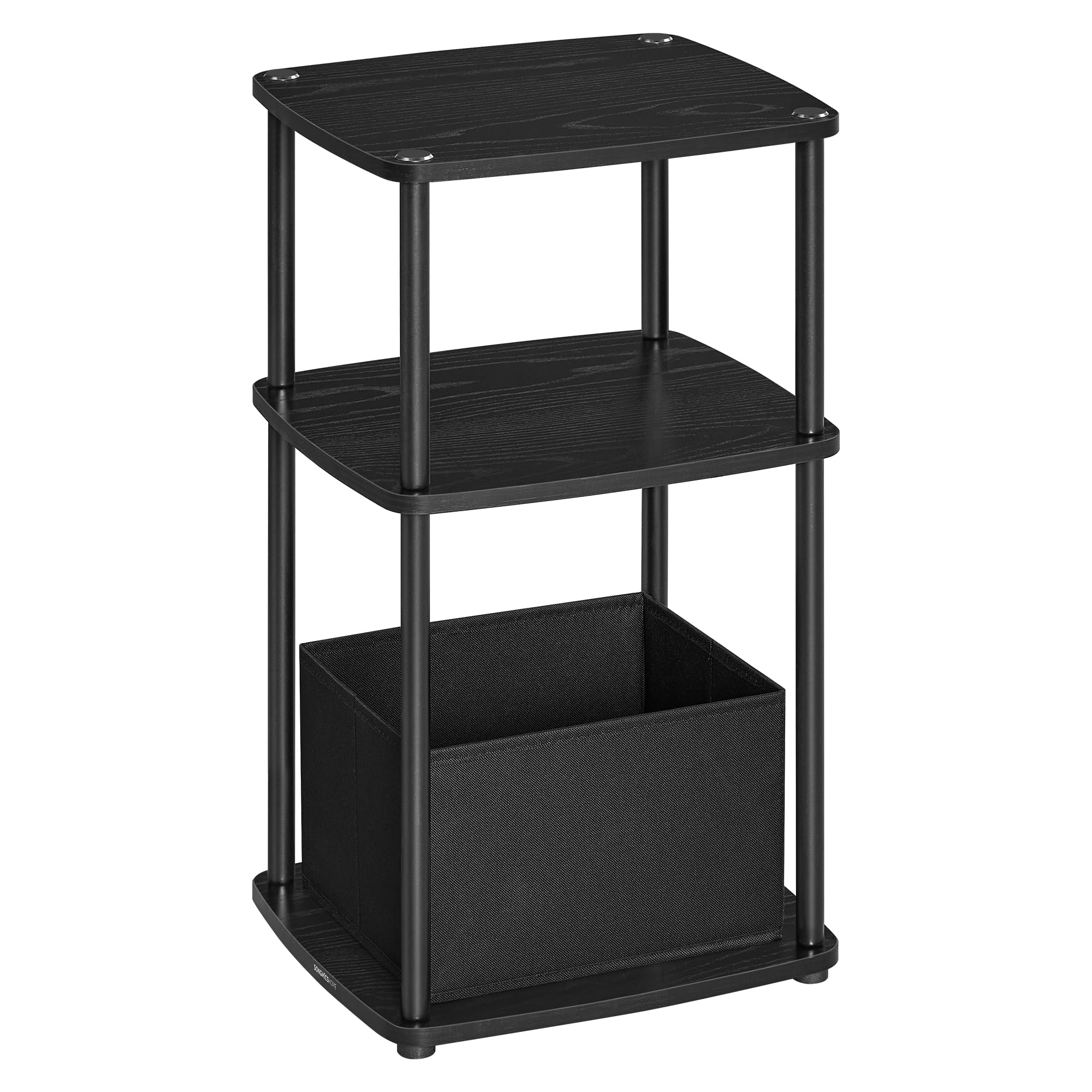 SONGMICS HOME Side Table, Bedside Table, End Table with 3 Storage Shelves, Fabric Basket, for Bedroom, Living Room, Steel Frame, 30 x 34 x 58 cm, Industrial, Ebony Black LET286B01