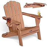 Eesdom Folding Adirondack Chair, HDPE Adirondack Chair with 2 Cup Holders, Outdoor Fire Pit Chairs for Patio, Garden, Poolside, Teak