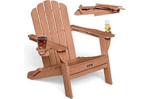 Eesdom Folding Adirondack Chair, HDPE Adirondack Chair with 2 Cup Holders, Outdoor Fire Pit Chairs for Patio, Garden, Poolside, Teak