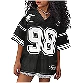 Floerns Girl's Jersey Shirt Printed Oversized Short Sleeve Mesh Tee Shirts V Neck Sport Jersey Shirts