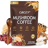 GRGTP Mushroom Coffee - Superfood Blend with 6 Adaptogens (Cordyceps, Lion's Mane, Reishi Other) | Jitter-Free Energy, Enhanced Focus, Digestion & Immunity Support | 45 Servings, Vegan, Gluten Free, Non-GMO | Smooth Flavor