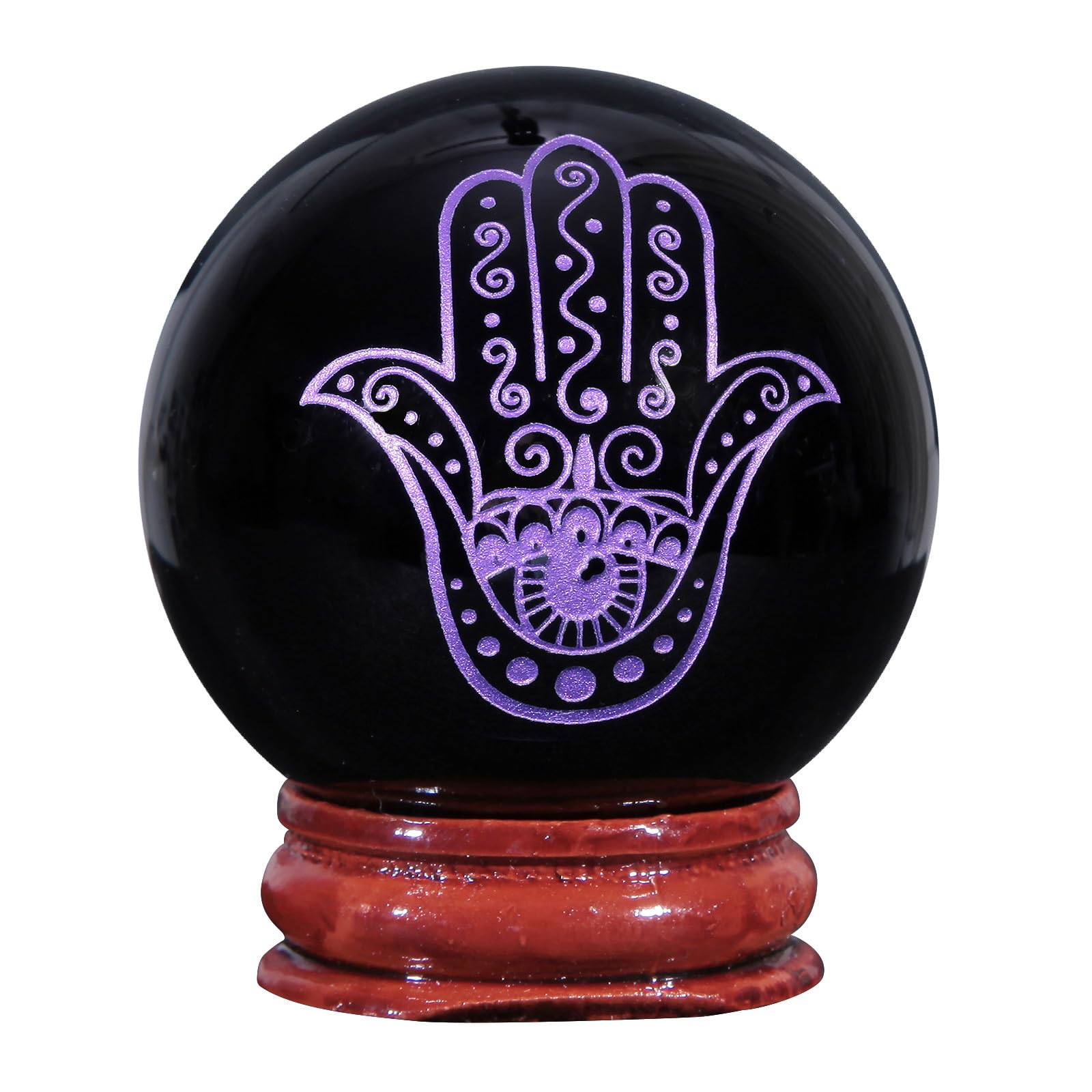 Nupuyai 1.9" Engraved Symbol Obsidian Crystal Ball with Stand, Polished Feng Shui Crystal Sphere Stone Ornament Home Office Decor, Hamsa Hand, Purple