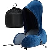 Ustenroya Hooded Travel Neck Pillow with 100% Pure Memory Foam - Ergonomic Support for Airplane, Car, Office, Train & Long Flights | Portable Sleeping Aid (Blue)