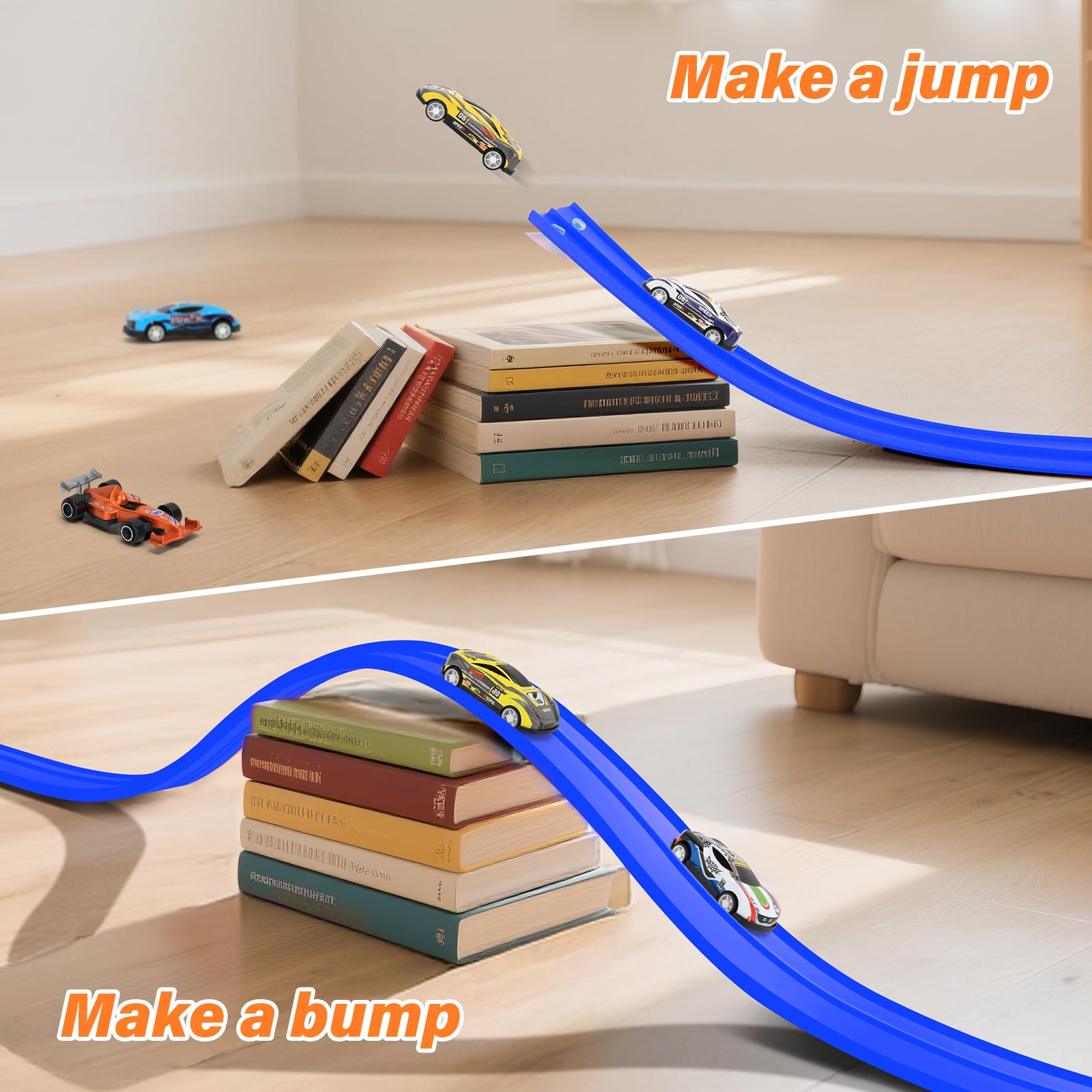 KETIEE Flex Tracks 16Ft for Kids: Flexible Race Car Ramp Track with 4 Small Racecars and 8 Suction Cups Compatible with Diecast 1/64th Cars, Rolls Up Portable Racetrack for Ages 3 & Up
