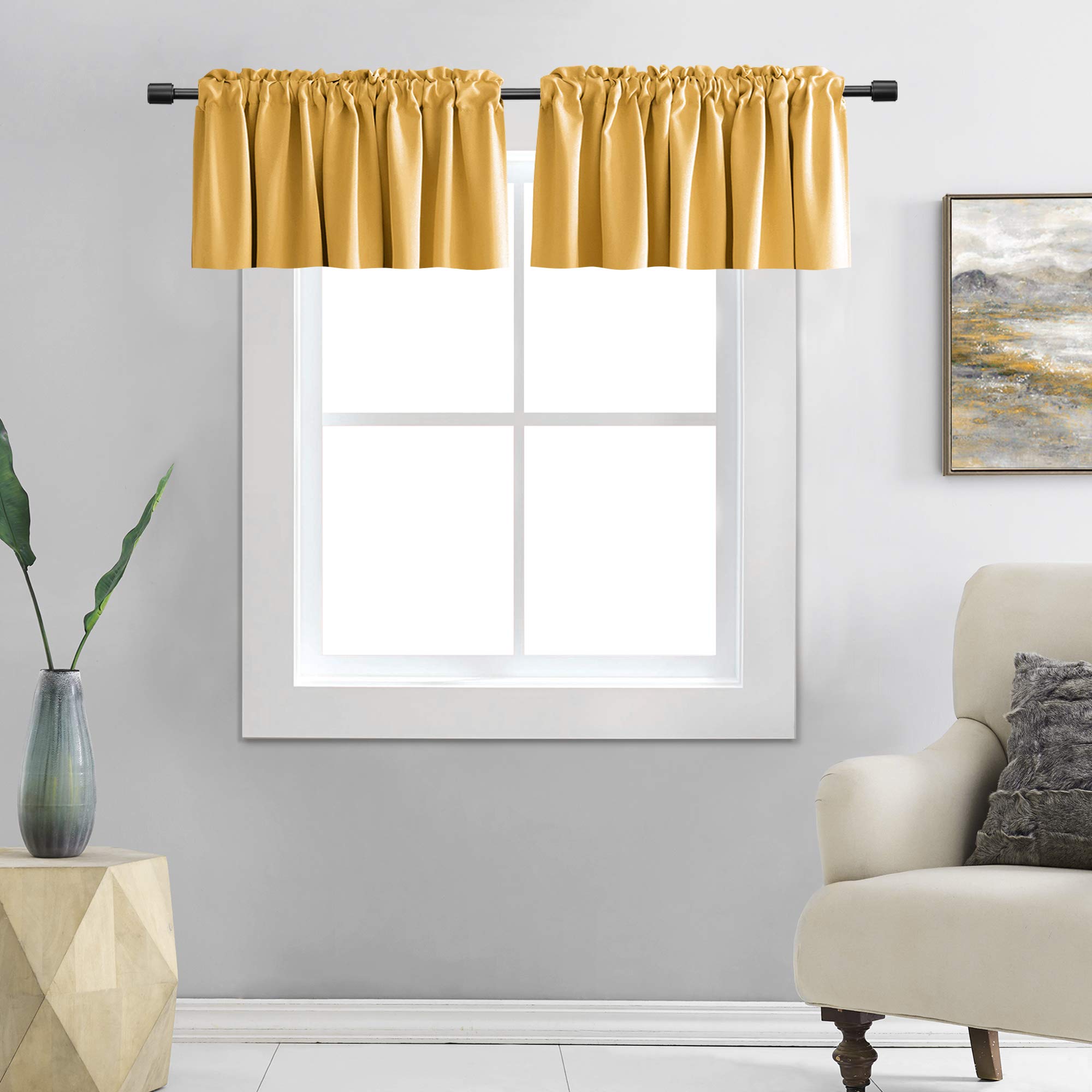 DONREN curtain valances for living room, blackout rod for small windows, 42.4 "x12", 2 curtains, Gold Yellow