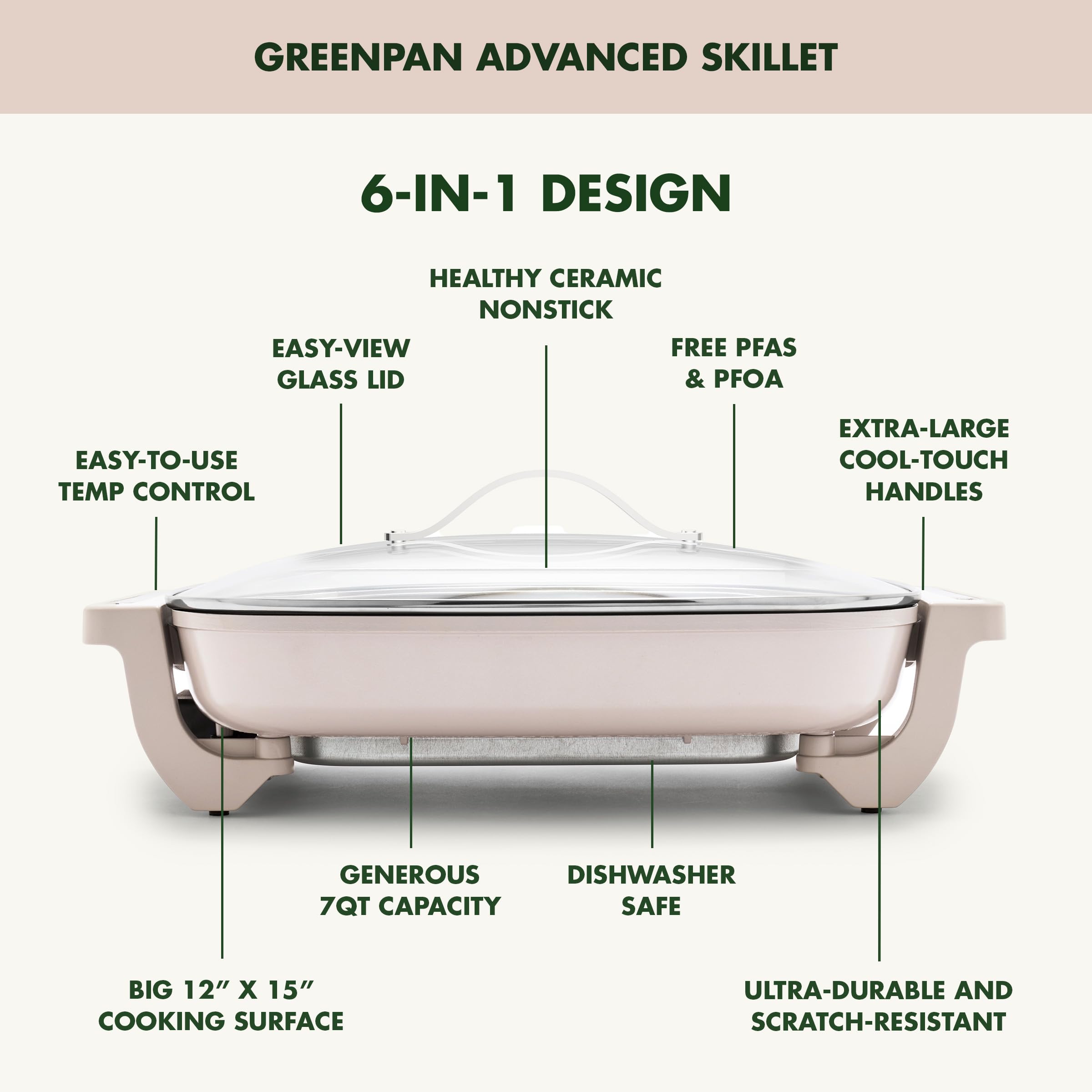 GreenPan Advanced 12” X 15” Electric Skillet with Lid, 7QT Capacity for Family Meals, Healthy Ceramic Nonstick PFAS-Free Coating, Fry, Sauté, Steam, Simmer, Sear, Stir Fry, Dishwasher Safe, Clay