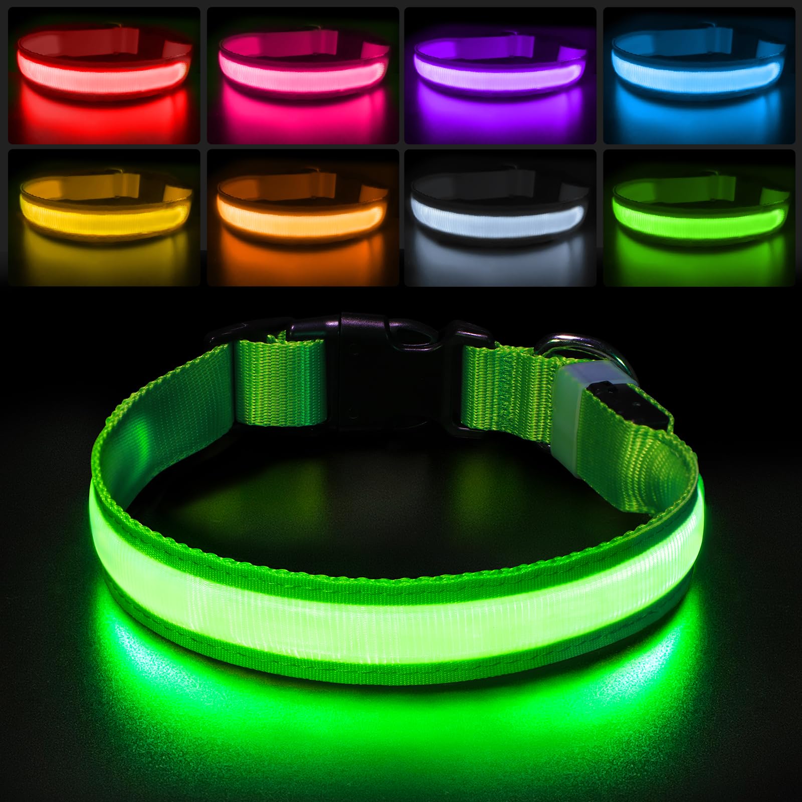 PcEoTllar Light Up Dog Collar - Rechargeable Flashing LED for Night, Adjustable for Small Medium Large Dogs, Waterproof 7 Colors, Green(9 Modes)