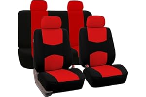 FH Group Bright Flat Cloth Full Set Automotive Seat Covers Front Set and Rear Solid Bench Red Black Seat Covers w. Gift Universal Fit Interior Accessories for Cars Trucks and SUVs