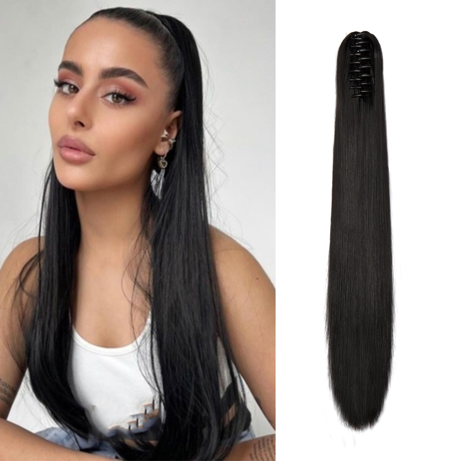 Cybelleza 22inch Ponytail Hair Extensions Ponytail Claw Jaw on Long Straight Pony Tails Clip in Hair Extensions Synthetic Hair pieces for Women (Natural Black) — image 1