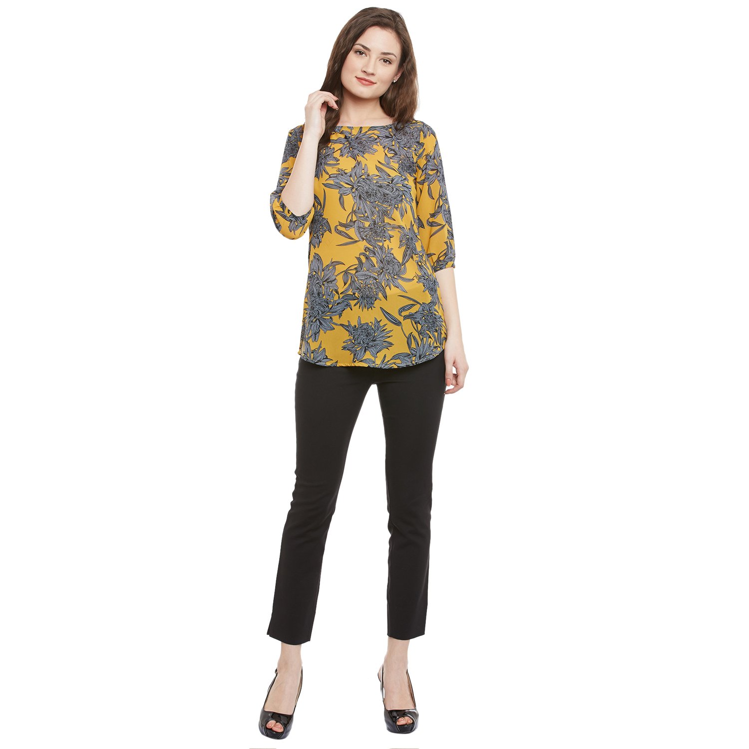 ruhaan's women's crepe mustard and grey floral printed top (bs_7066)