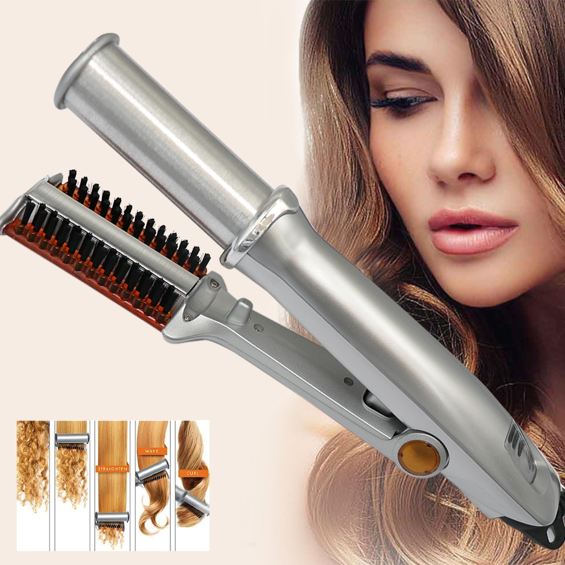 Photo 1 of 2 in 1 Rotating Curling Iron Fast Heat Hair Straightener and Curler Professional Curing Wand for All Hairstyles for Home Travel Hair Styling Tools Three-Speed Temperature Adjustment