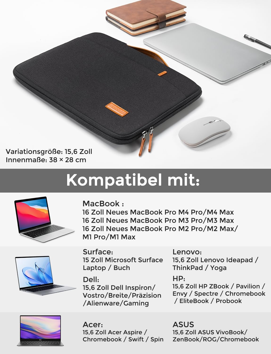 DOMISO Laptoptasche 15.6 zoll Laptop Hülle Tasche für 16 Zoll MacBook Pro 16 M5(2026)/M4(2025)/M3/M2/Max,15,6 zoll Laptophülle Damen Wasserdicht Notebook Sleeve Case Bag Schutzhülle mit Griff,Schwarz 3