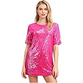 Jaugola Womens Sequin Mini Dress Super Star Glitter Costume Sparkly T-shirt Concert Tour Disco Party Halloween Outfit Rose