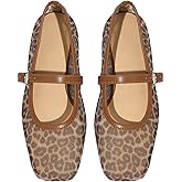 Milumia Women's Leopard Print Mesh Ballet Flats Trendy Square Closed Toe Maryjane Flat Shoes
