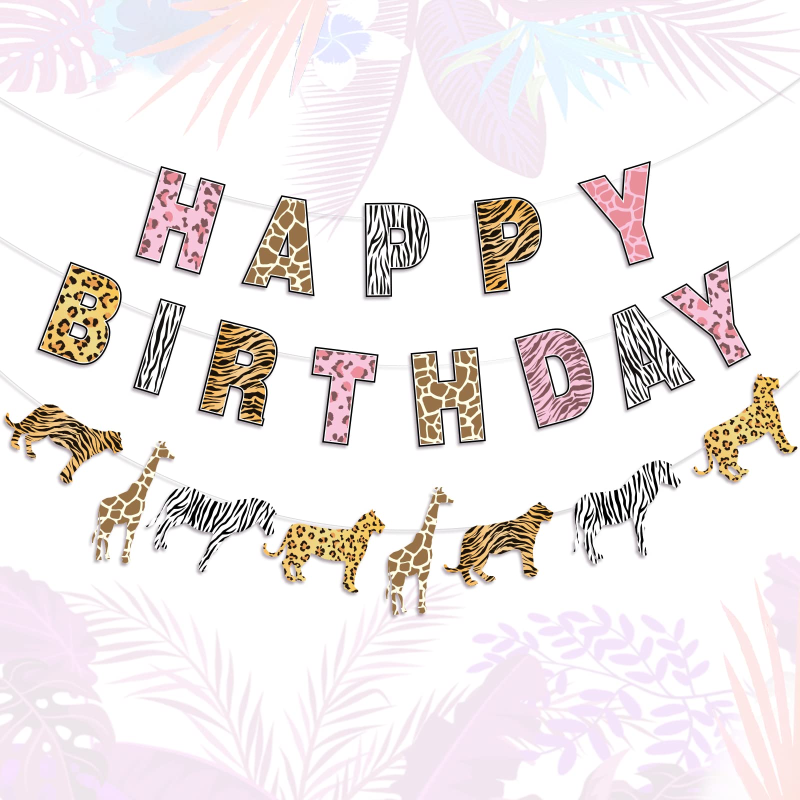 Cheetah Print Banner, Animal Print Garland, Jungle Safari Decorations for Girls 1st 2nd 3rd Birthday, Pink Safari Supplies