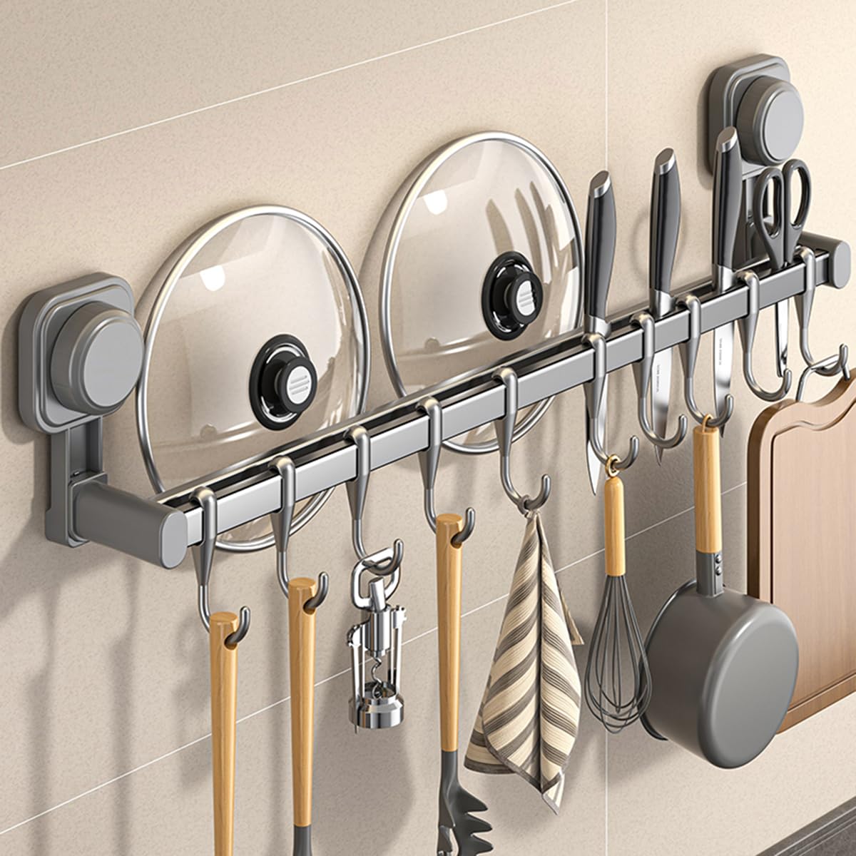 Photo 1 of ***ACTUAL ITEM IS BLACK***AmoiChic Wall Mounted Kitchen Pot Rack, Grey Plastic Utensil Rail, 15.7 Inch, Detachable Hooks, Modern Storage System for Pots, Lids, Tools, Space-Saving Design***ACTUAL ITEM IS BLACK**