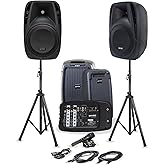 Gemini Portable PA System with Stands - 600W Bluetooth Speaker System with 6-Channel Mixer, Dual 10" Speakers, Mic & Cables - Complete All-in-One Kit for Small Events, DJs & Karaoke (ES-210MXBLU-ST)
