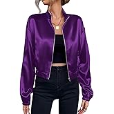 Verdusa Women's Bomber Satin Lightweight Jacket Drop Shoulder Long Sleeve Zip Up Outerwear