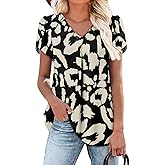 onlypuff Summer Top for Women V Neck Short Sleeve Shirts Pleated Blouse Tunic Tops to Wear with Leggings Hide Belly