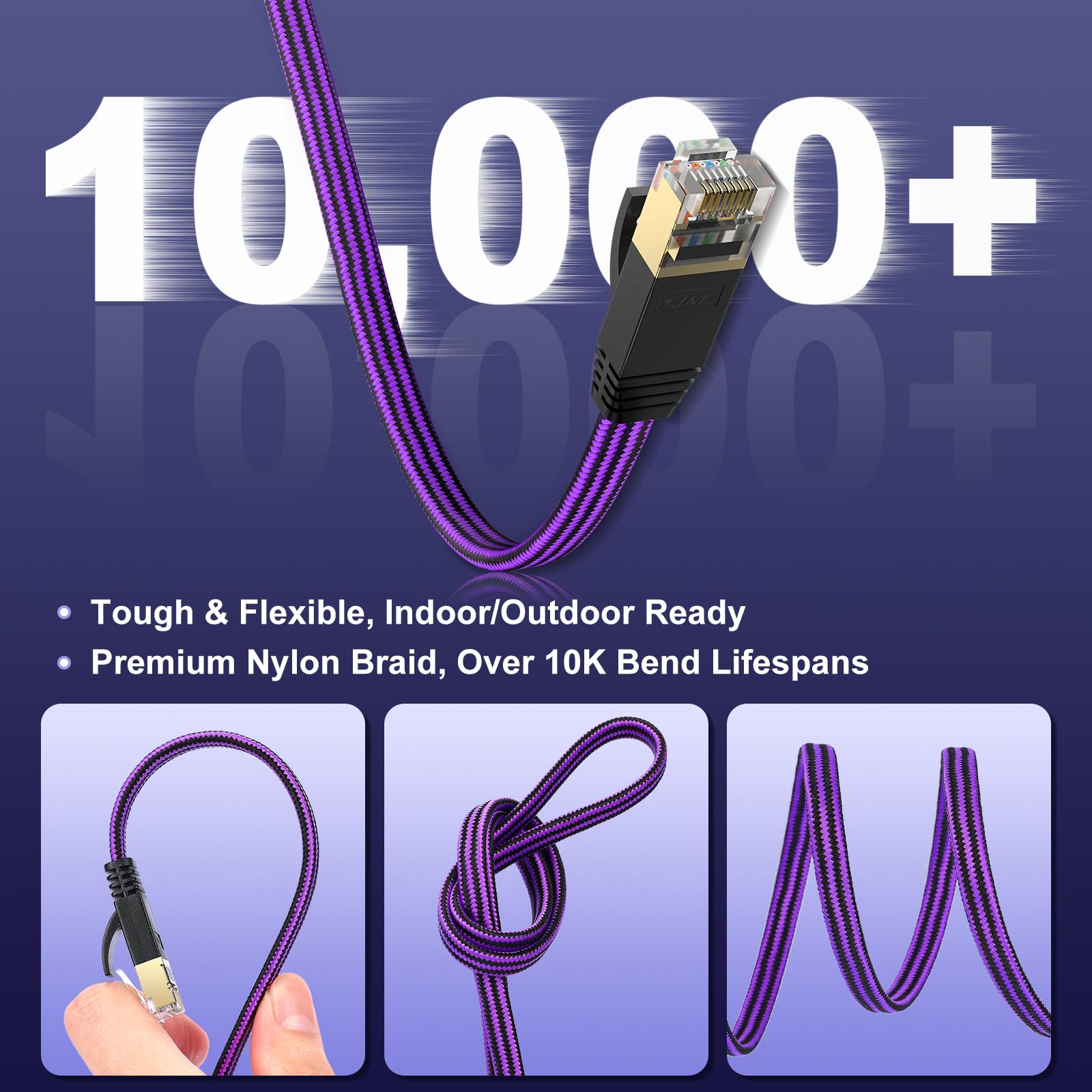 J&D Cat 7 Ethernet Kabel, Flaches Design High-Speed Nylon Geflecht LAN Netzwerkkabel, 10 Gbps 600 MHz Kompatibel für Gaming PC, PS5, Xbox, Modem, Router, Niedrige Latenz, 15 M 6