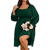RWJ Womens Plus Size Fall Dress Long Sleeve Smocked Square Neck A-Line Wedding Guest Party Mini Dresses with Belt