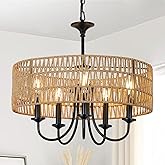 LAMSU Modern Farmhouse Chandelier Light Fixtures, 5-Lights Large Rattan Pendant Lighting with Hand Woven Wicker Shade, Boho B