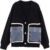 CUFEZN Women's Patchwork Denim Pocket Cardigan 2025 Fall Winter Outerwear Long Sleeve Button Down Chunky Knit Sweaters Coats