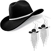 Aswitnove Cowboy Hat Rhinestone Cowgirl Boots Earrings Set Western Earring Felt Fedora Jazz Hat Rodeo Outfit for Women Size M