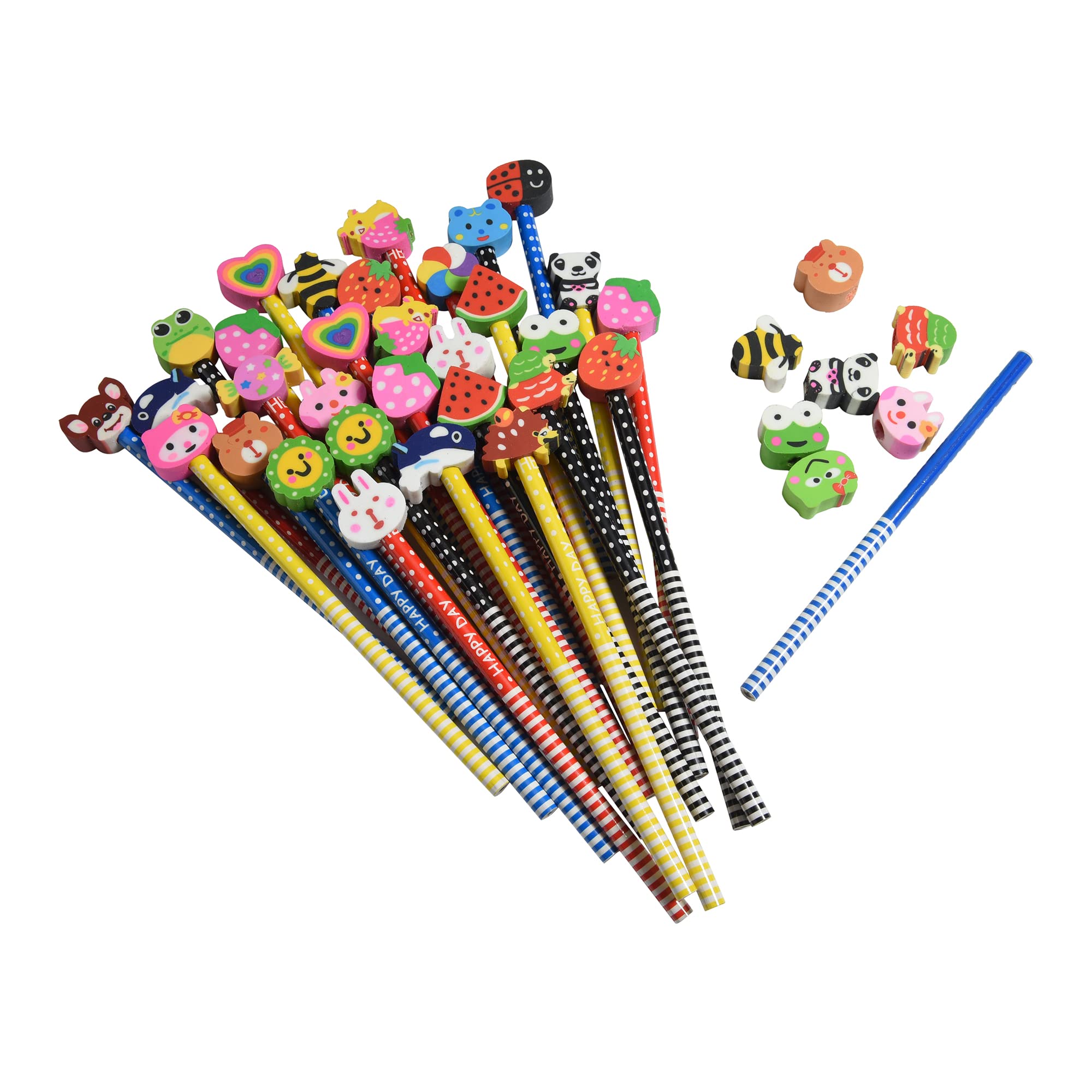 Photo 1 of 10PCS Assorted Cartoon Stripe Colored Wooden Pencils with Fruit Animal Top Pencil Erasers for Kids School Supplies and Children Prize Gifts