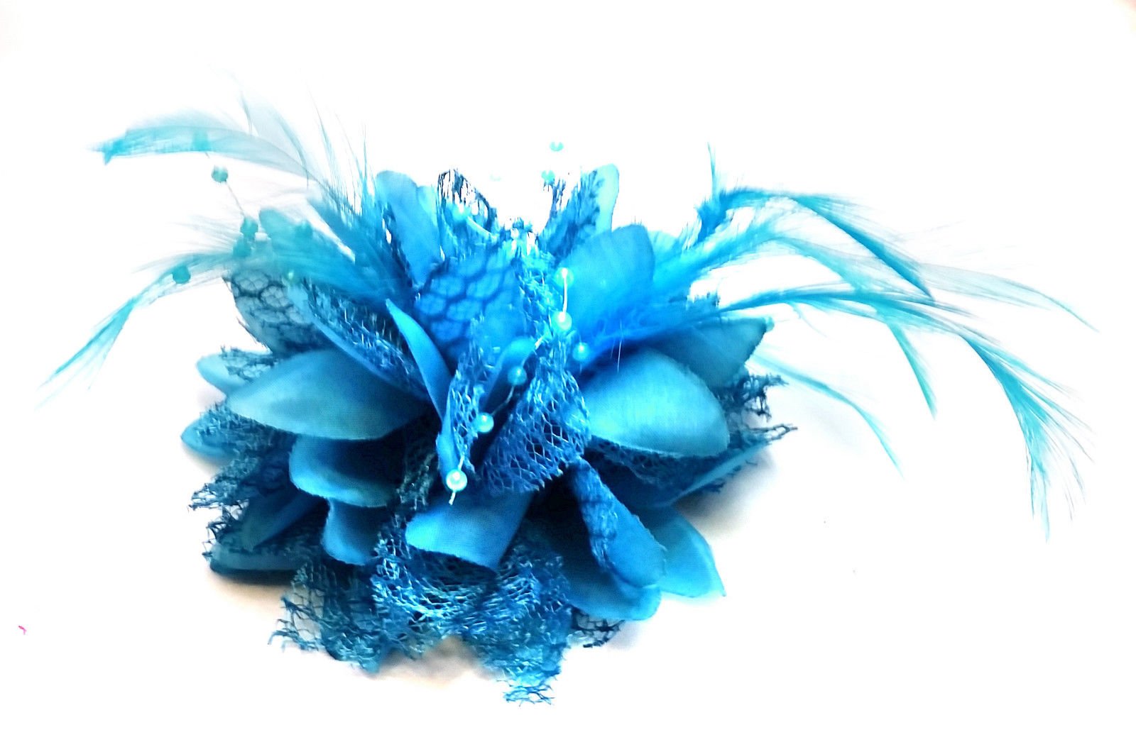 Flower Feather Bead Corsage Hair Clips Fascinator Hairband and Pin (Aqua) โ image 1