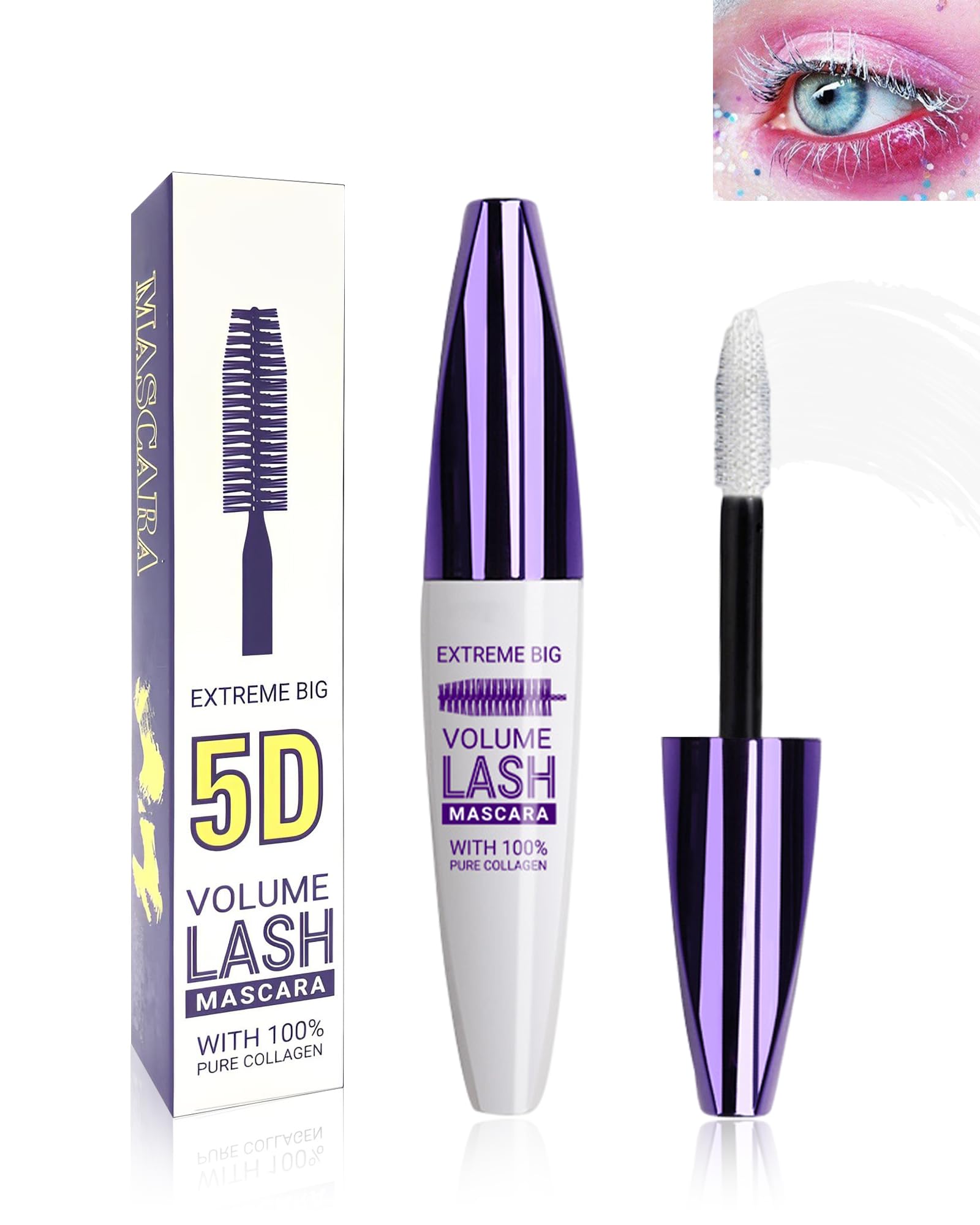 5D Waterproof Mascara White with Eyelash Brush, Long Lasting Smudge-proof Mascara for Eyelashes, Volumizing Lengthening Curling Eye Lashes,Telescopic Thick Mascaras,Cosplay Halloween Eye Makeup — image 1