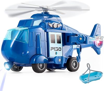 HERSITY Rescue Helicopter Toy Blue Police Plane w/ Light Sound Push Go 3-5 Yr