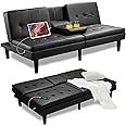 PrimeZone Futon Convertible Couch Bed - 69"W x 38"D x 29.5"H Faux Leather Futon Bed with USB & 2 Cupholders, Modern Memory Foam Sleeper Sofa Bed, Folding Loveseat for Apartment, Dorm, Office, Black