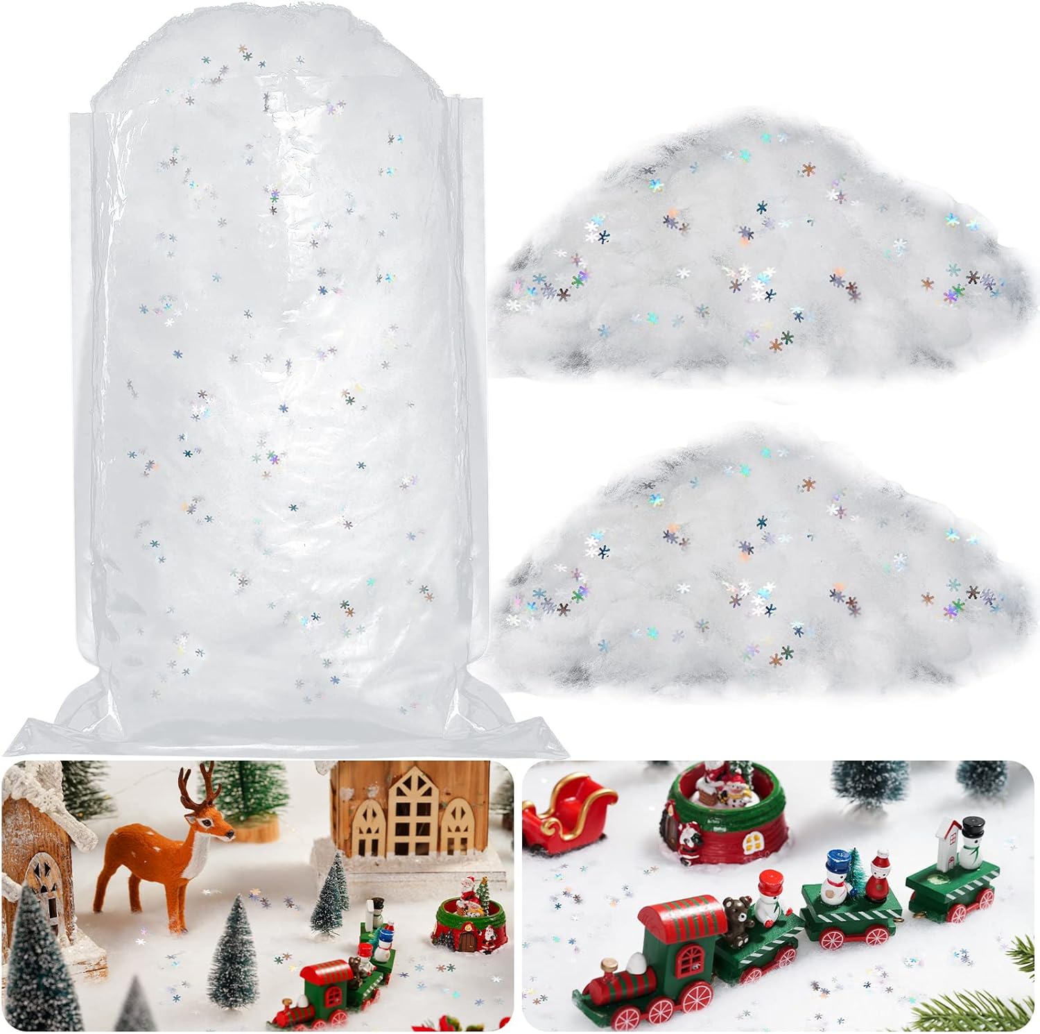 Artificial Snow - Christmas Fake Snow Fluffy Artificial Snow with Christmas Snowflake Glitter Confetti Fake Indoor Snow Blanket Realistic Snow Decor for Christmas Displays Christmas Tree Village (150 g/ 5.29 ounce)