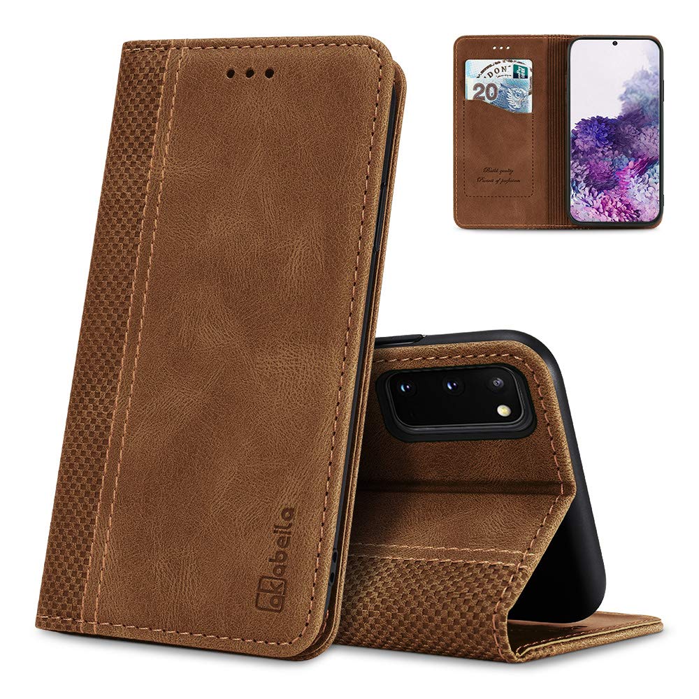 AKABEILA Case for Samsung Galaxy S20/S11E Premium Leather Flip Wallet Case with Magnetic Closure Kickstand Card Slots Folio Phone Case Cover Shockproof Light Brown