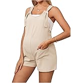 OYOANGLE Women's Maternity Tie Knot Wide Strap Suspender Overall Shorts Jumpsuit Sleeveless Romper with Pocket
