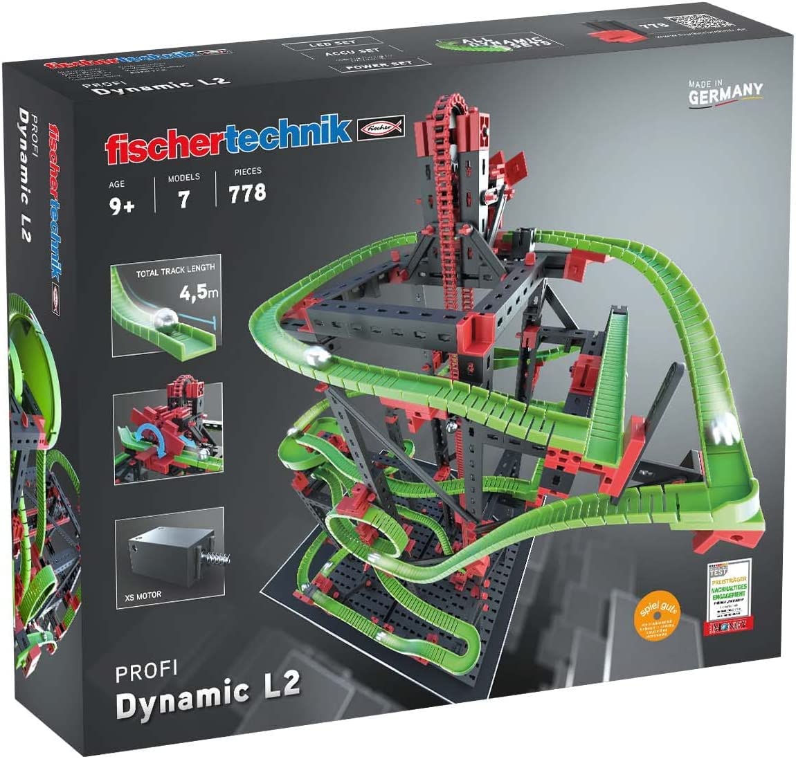 Fischertechnik 536621 Dynamic L2 ball track - kit for children aged 9 and up, educational toy with motor and high-speed curves, green