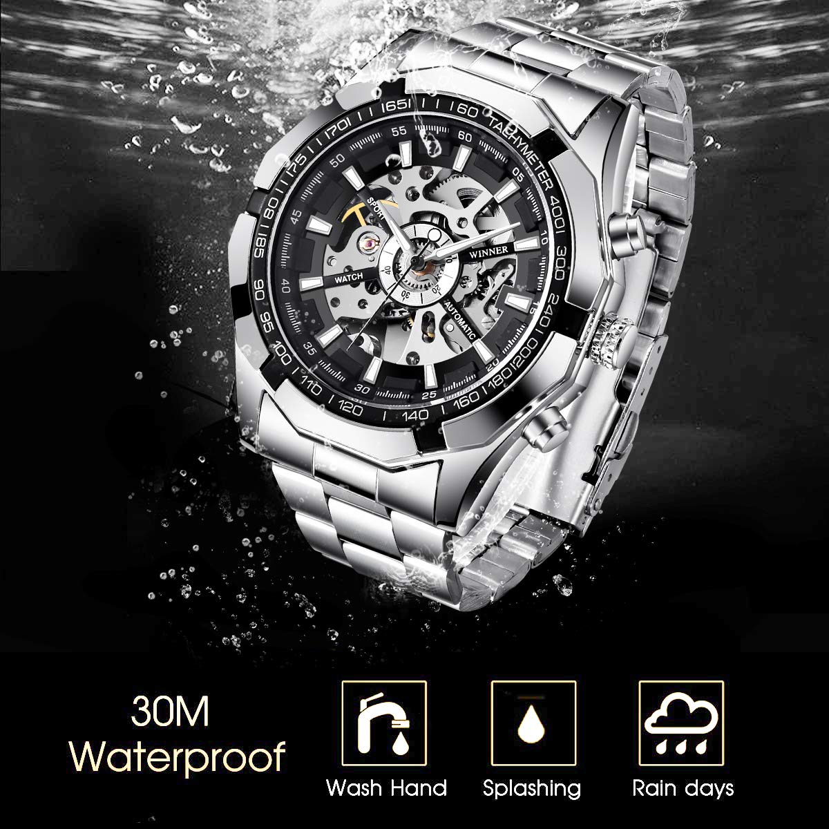 Gute Mens Watches, Mechanical Skeleton Stainless Steel Waterproof Automatic Self-Winding Watch for Men, Luxury X Dial Steampunk Wrist Watch