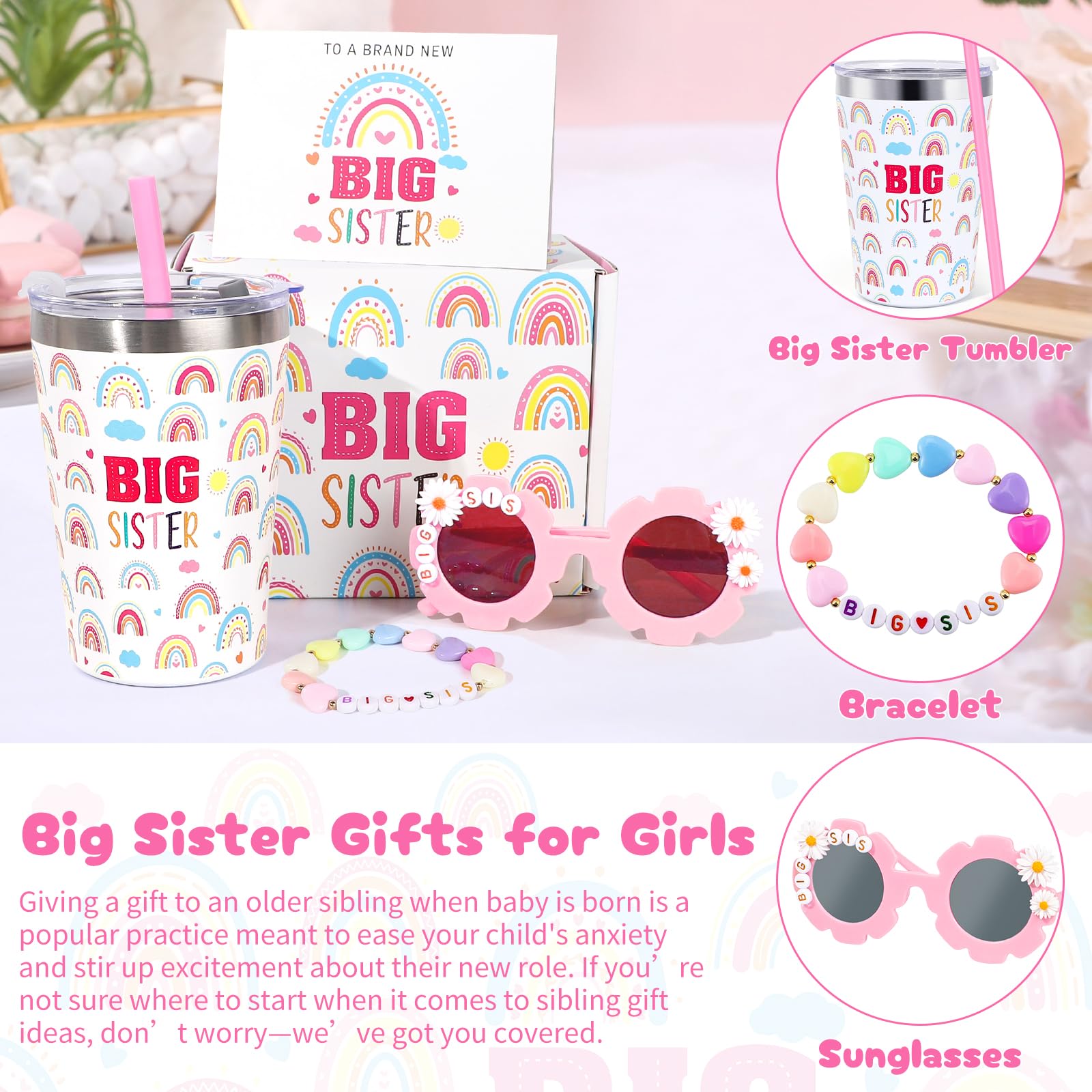 iAOVUEBY Big Sister Gifts for Girls, 3PCS Big Sister Gift Includes 12 oz Pink Tumbler Cup Sunglasses Bracelet Sibling Gift From New Baby, Big Sister Announcement Gifts for Girls Age 2-8