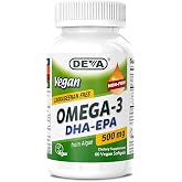 DEVA Vegan Omega-3 DHA-EPA 500MG, 60 Gelatin-Free Softgels | No Carrageenan, Non-Fish Oil Derived from Algae, Non-GMO