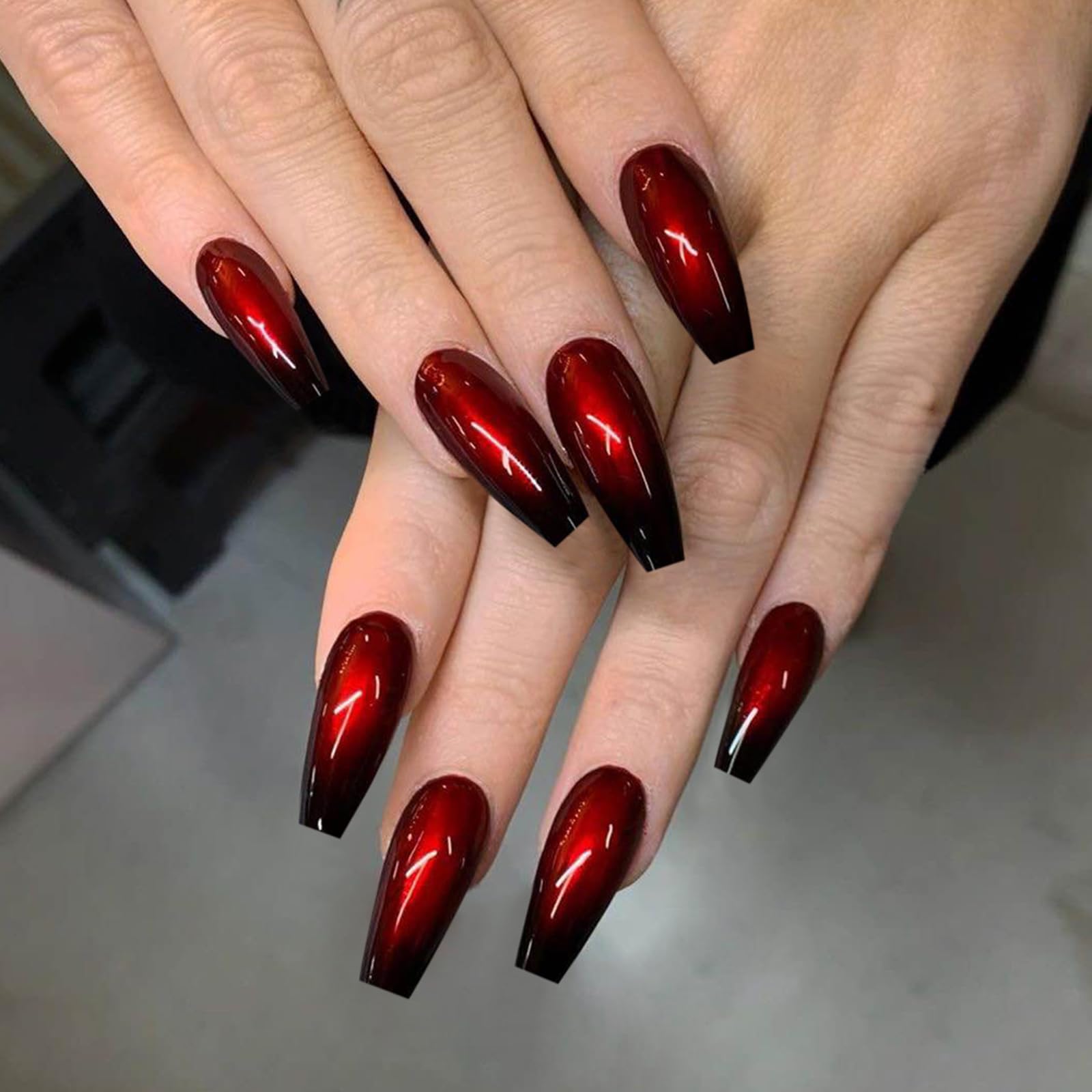 24Pcs French Tip Press on Nails Long Ballerina Coffin False Nails Red Black Gradient Fake Nails Natural Full Cover Acrylic Stick on Nails for Women and Girls Nail Art Accessories