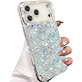 Changjia Glitter Bling Case for iPhone 17 Pro Max,Cute Luxury Sparkly Crystal Diamonds Rhinestones Sequin Shiny with Camera Lens Protector TPU Bumper Women Girls Case for iPhone 17 Pro Max 6.9",Silver
