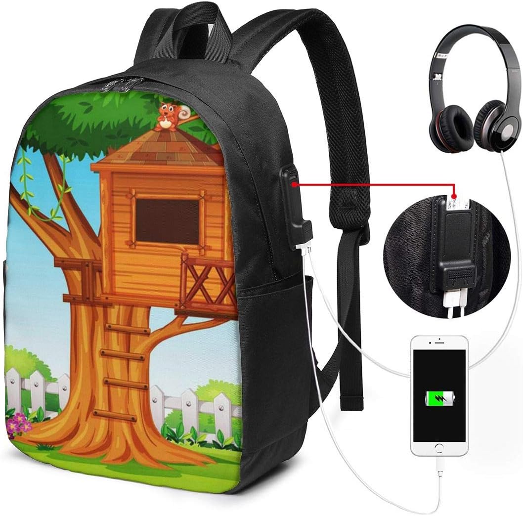 Schulrucksack Mit USB Port Jungen Mädchen Teenager, Rucksack Schule Laptop Rucksack für Herren Damen Daypacks für 15,6 Zoll Laptop Rucksack Gewächshaus Baumhaus Gartenbaum